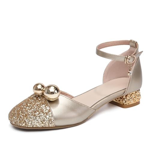 HROYL Girls Party Low Heel Princess Shoes Crystal Pearls Dance Shoes Closed Toe Ballet Flats, Model DS1868