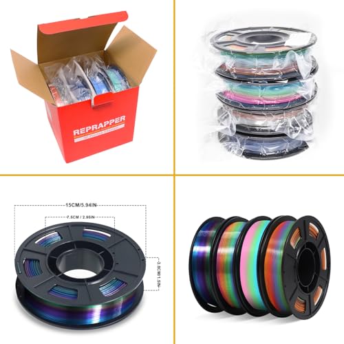 Image of RepRapper Rainbow PLA Filament, Shiny Multicolor Silk PLA 1.75 mm Filament (+-0.03 mm), Sparkle Fast Change Multi-Color Matte 250g*4 Sample Pack 3D Printer Filament for 3D Printer,250g*4