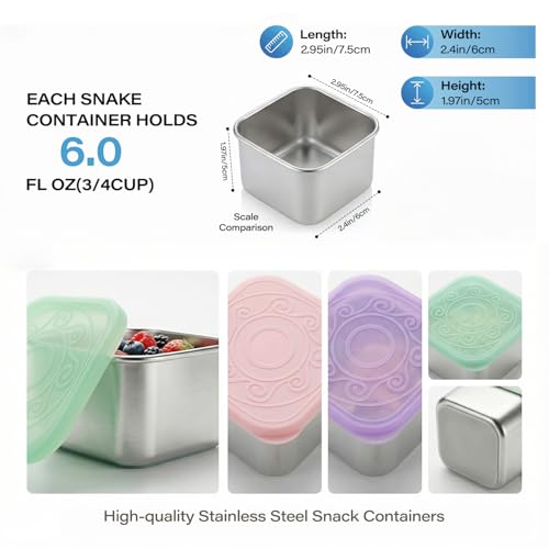 Image of 4 Pack Stainless Steel Snack Containers, 6oz Snack Box with Silicone Lids,Stackable Portable Small Food Storage Container for Picnic,Travel,School,Office,and Daycare
