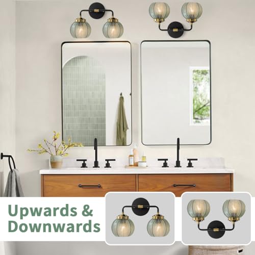 Image of Mid Century Wall Sconce Set of 2 Vintage Black Bathroom Vanity Light Globe Wall Sconces Green Glass Wall Light Art Deco Vintage Bathroom Lights Over Mirror for Bedroom Hallway Living Room