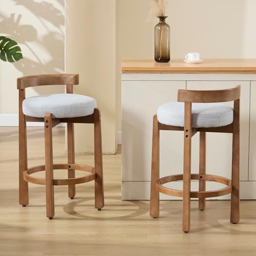 Image of CIMOTA 26.5 inch Counter Height Bar Stools Set of 4, Mid Century Modern Low Back Bar Chairs with Solid Wood Legs & Linen Upholstered Seat, Kitchen Island Stools, Light Grey