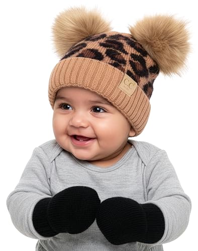 Image of Funky Junque Baby Double Faux Fur Pom Pom Beanie & Mittens Set – Newborn Infant 0–9 Months Winter Hat with Soft Lined Mittens