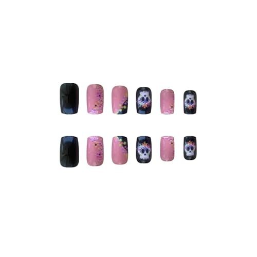 Miniatura 4 de Uñas postizas a presión de Halloween, cuadradas, medianas, color rosa, negro, gótico, calavera, flores, diseños de flores, uñas postizas acrílicas