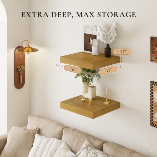 Image of 16 Inch Extra Deep Floating Shelves Set of 2-12 inch Wide Solid Paulownia Wood Wall Mounted Shelves, Natural Wood Finish, Heavy Duty Long Display Ledge for Kitchen, Living Room & Home Office