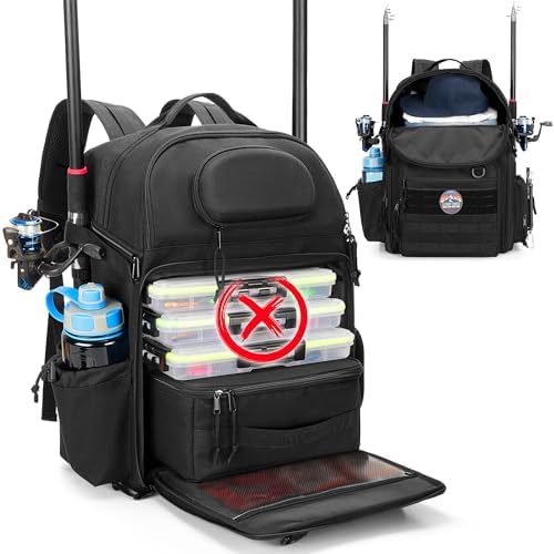 Rexmica Fishing Tackle Bag Backpack with Cooler, Large Fishing Tackle Bag Holds 2 Rods & Reels, Fish Rod Bag with Side Support Plate for Tackle Boxes, Fishing Plier, Trays, Bag Only