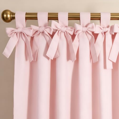 Whaline Pink Bow Blackout Curtain Coquette Window Curtain 52 x 84 Inch Solid Color Light Filtering Window Drapes for Living Room Bedroom Princess Room Decoration 1 Panel