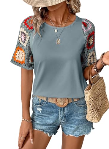 SHEWIN Womens Tops Dressy Casual Round Neck Short Sleeve Shirts Crop Ladies Tops and Blouses Basic Tee Shirt Summer Outfits for Women 2026 Medium Grey Small