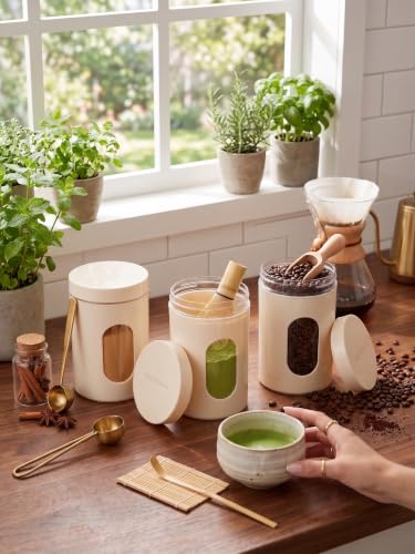 Image of Airtight Plastic Storage Container Set of 3, 700ml BPA-Free Food Grade Kitchen Jars with Transparent Window, Leakproof Canisters for Coffee, Sugar, Tea, Snacks & Dry Food (CREAM)