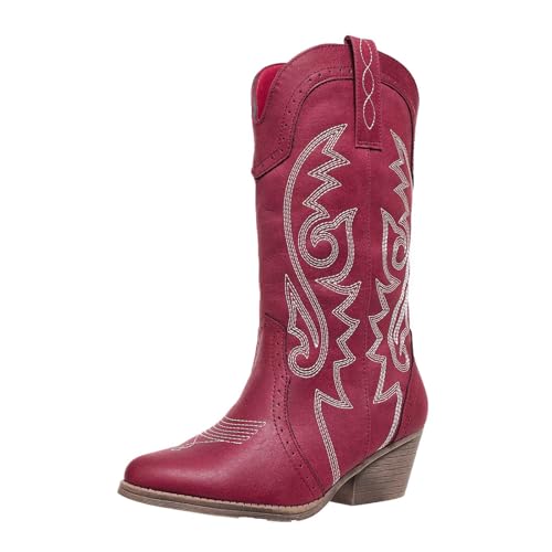Image of SelRoys Cowboy Boots for Women Cowgirl Mid Calf Western Pointy Toe Boots Embroidered Stitched Chunky Heel Red Brown US5-11