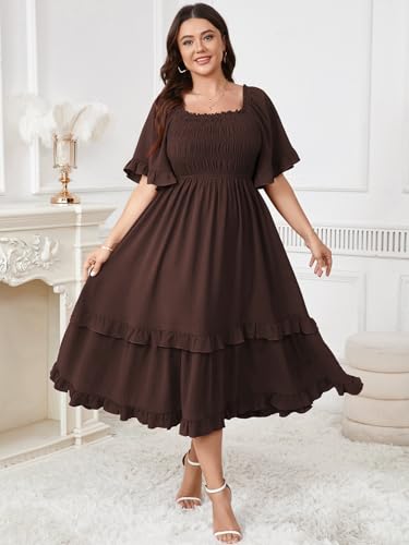 Image of SCOMCHIC Women's Plus Size Maxi Dresses Summer Short Sleeve Square Neck Smocked Wedding Guest Cocktail Boho Long Dress