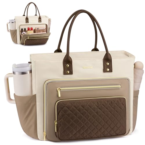 Image of LOVEVOOK Tote Bag for Women, Teacher Tote for Work, Laptop Bag With Large Cup Holder, Nurse Bags Professional Briefcase Business Computer Purses Handbag,Khaki-Beige-Coffee