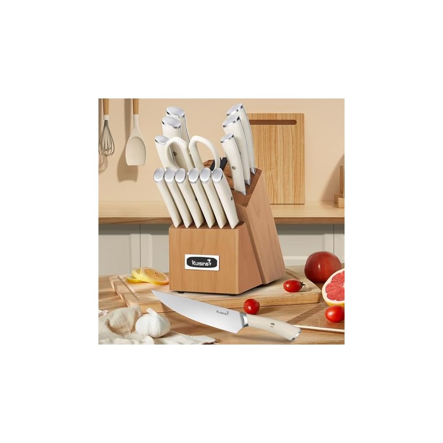 Kuisine Kitchen Knife Set,High Carbon Stainless Steel Ultra Sharp Blade Ergonomic Handle,Knife Block Set with Built-in Sharpener,Elegant Gift for Holiday(Irovy-Acacia,15PCS)