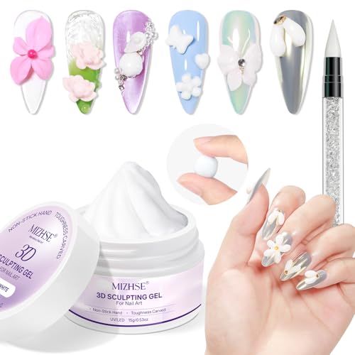 MIZHSE White 3D Sculpting Gel for Nail Art Solid Nail Gel Non-Sticky Hand Molding Building Gel for Nail Art Design Home DIY Manicure Women 15g/0.53oz