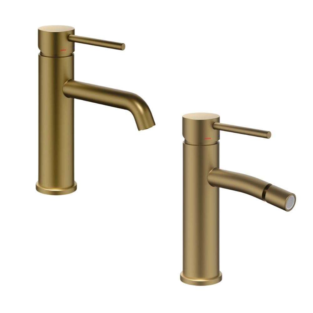 Miscelatore Monocomando Bagno Serie Jazz QuickInstall Piletta Click Clack Leva in Metallo Cartuccia Ceramica Design Moderno Oro Matt Satinato Spazzolato (Coppia Lavabo Bidet)