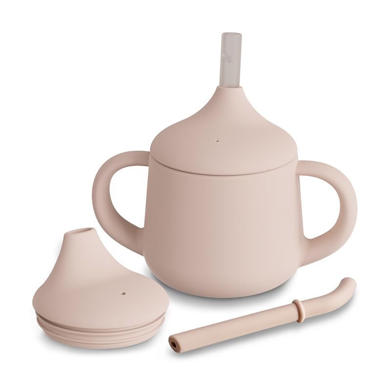 Moonkie Bicchiere Antigoccia Bambini 3-Step, Bicchiere con Cannuccia, con Manici, Silicone Bicchiere Neonato, Tazza per Bambini senza BPA, per Lavastoviglie, Borraccia Bambini 4 oz(Blush)