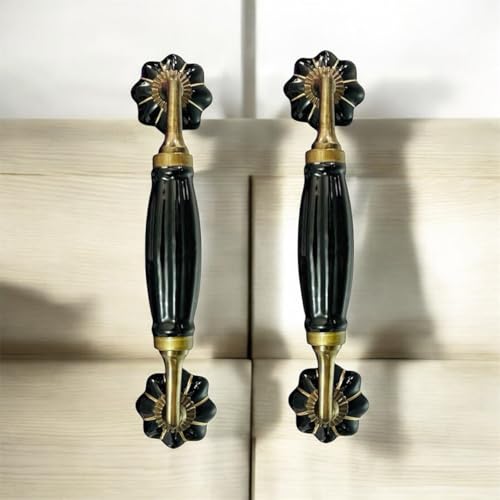 Image of Maison Belle Ceramic Door Handle Gold Antique Finish - (Size 7 Inch, White - Multi Flower Hand Painted) - Hole to Hole 5 INCH (Pack of 1) (Black Gold - 8.5 INCH)