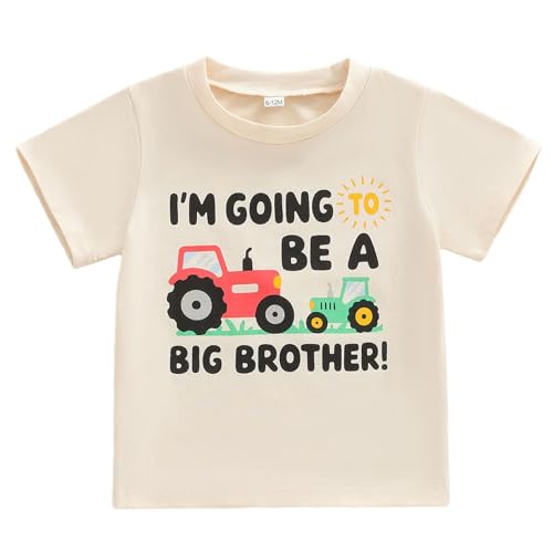 Big Brother Shirt for Toddler Baby Boy Promoted to Big Brother Announcement T-Shirt Kids Summer Short Sleeve Tee (Beige 2 Tractors, 3-4 Years)