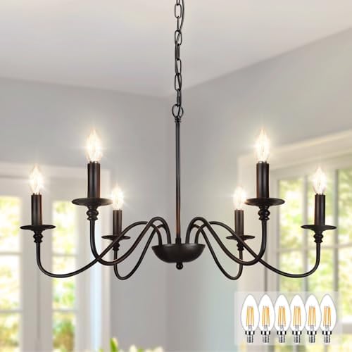 Depuley Farmhouse Chandelier for Dining Room: 6-Light Black Industrial Kitchen Island Pendant Light Fixtures - Rustic Candle Chandeliers Vintage Modern Hanging Ceiling Lamp for Living Room Bedroom