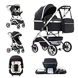 Kakbgee 3 in 1 Baby Stroller, City Pram Travel System, Pushchair One-Click Folding, Baby Buggy, Carrycot & Car Seat Unit with Mosquito Net, High Landscape Stroller for Newborn 0-4Years, Black