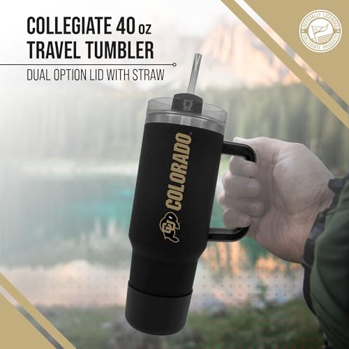 Image of Campus Colors College & University 40 oz Travel Tumbler With Handle - Dual Option Lid With Straw - Vacuum Insulated Stainless Steel (Colorado Buffaloes - Black)