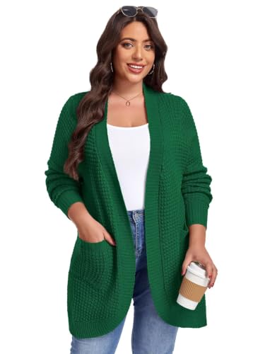 Image of LARACE Long Cardigans for Women Plus Size Tops Open Front Sweaters with Pockets Waffle Ribbed Sleeve Loose Fall Outwear