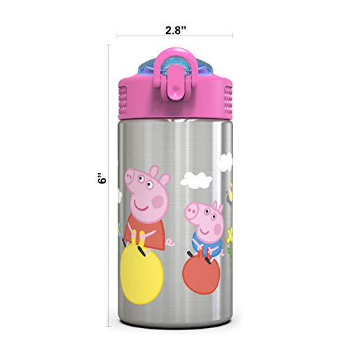 Image of Zak Designs Peppa Pig 15.5oz Stainless Steel Kids Water Bottle with Flip-up Straw Spout - BPA Free Durable Design, Peppa Pig SS, Single Wall