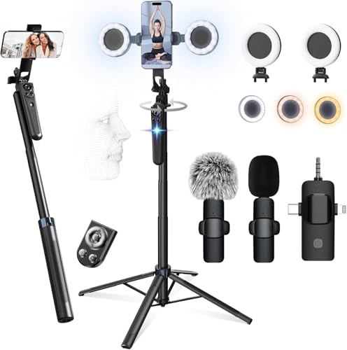 71' Content Creator Essentials Vlogging Kit - 2 Lights & 2 Mics, 360° Rotating Auto Face Tracking Tripod for iPhone/Android/Camera with Wireless Remote, No App for Vlog, Live, Video Record