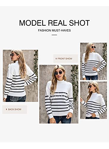 Asvivid Striped High Neck Button Knit Sweaters For Women Lightweight Long Sleeve Pullover Soft Casual Loose White Jumper Tops M #TOP3