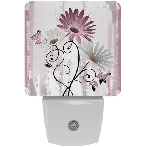 Image of Farmhouse Pink Daisy Butterfly on Country Wooden Night Light [2 Pack], Plug in Wall Led Night Lights Decor for Boys Girls Room, Dusk to Dawn Sensor Wall Lamp for Stairway /Bedroom /Kitchen /Nursery Room