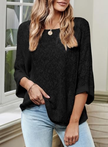 Image of Dokotoo Womens 2026 Spring Summer Casual Crewneck 3 /4 Sleeve Striped Lightweight Knit Trendy Boho Tops Pullover Sweaters
