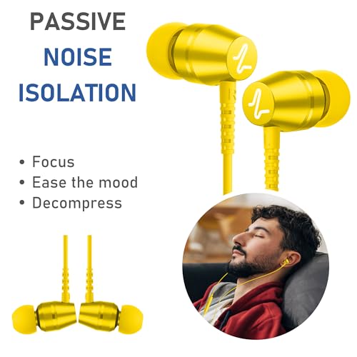 Image of LUDOS OMNITONE Wired Earbuds in-Ear Headphones, 5 Year Warranty, Earphones with Microphone, 3.5 mm Jack Corded Ear Buds, Videoconference for iPhone, Samsung, Laptop, Kids, School Students - Yellow