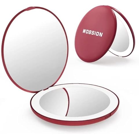 wobsion Travel Compact Mirror,Portable 1x/10x LED Makeup Mirror with Magnification,Handheld 2-Sided Pocket Mirror, 3.5in Small Mirror for Purse,Handbag,Gift,Wine Red Cover
