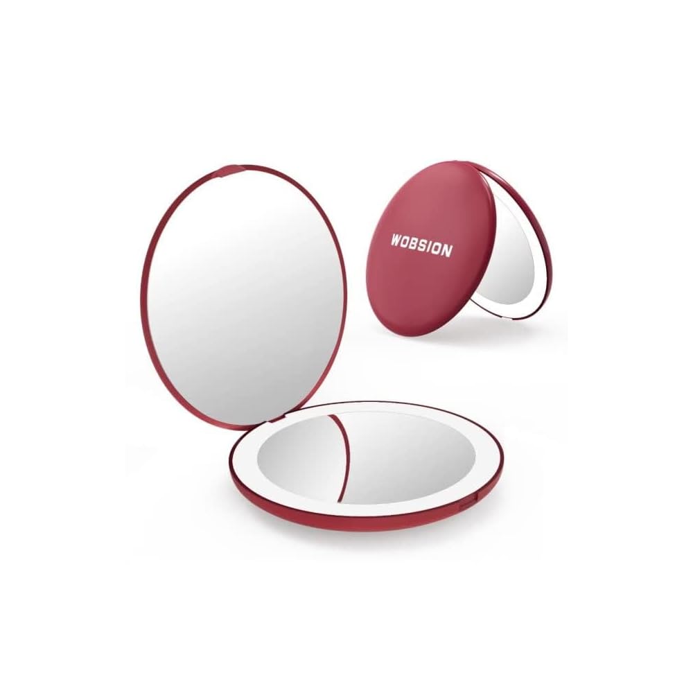 WOBSION Travel Compact Mirror,Portable 1x/10x LED Makeup Mirror with Magnification,Handheld 2-Sided Pocket Mirror, 3.5in Small Mirror for Purse,Handbag,Gift,Wine Red