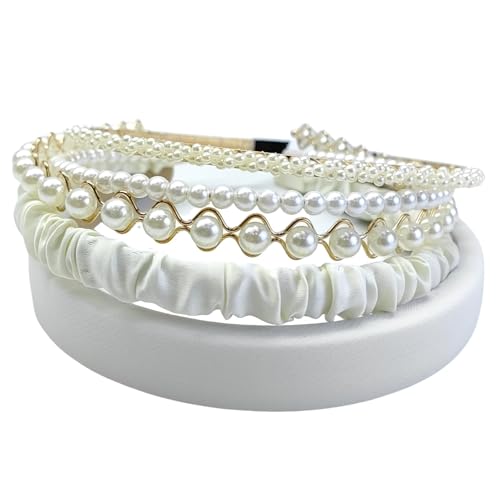 SHEHARUHI 5pcs White Pearl Headbands Cute Pearl Dainty Head Band Bling Faux Pearls Wedding Hair Accessories Hair hoop for Women Girls（Style1）