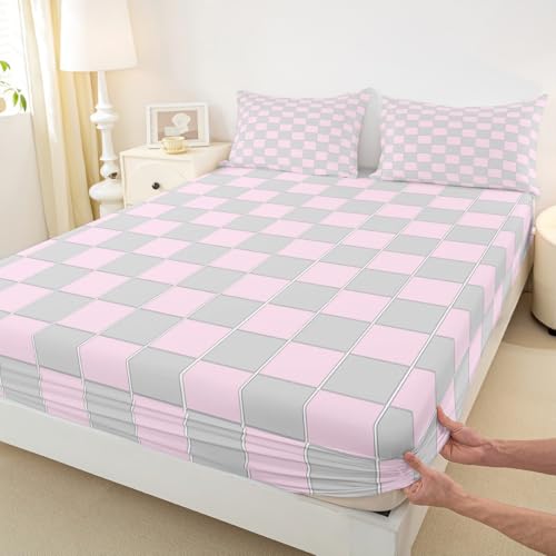 Image of Erosebridal Pink and Grey Plaid Sheet Set Full Cute Checkered Bed Sheets Geometric Grids Gingham Bedding for Kids Boys Girls,Soft Lightweight Bed Sheets Set 4 Piece