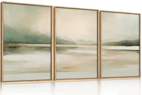 DRACIT Large Abstract Sage Green Pastel Framed Canvas Wall Art Set,Minimalist Neutral Landscape Wall Decor,Modern Watercolor Mountain Lake Artwork for Living Room,Bedroom-24 x36 x3