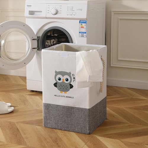 Image of HOKIPO Cardboard Foldable Laundry Basket for Clothes with Lid, Grey - Owl (AR-5317-GRY), 53cm, 35cm