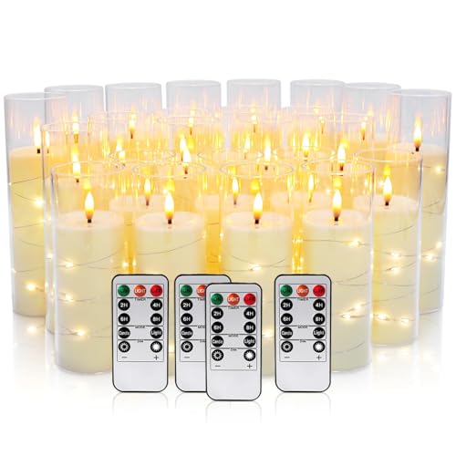 CAKETYCG 24 Pcs LED Flameless Candles with Remote, 3D Flickering Flame & LED String Lights, Acrylic Clear Cylinder, Timer Function, Romantic Ambience for Home Decor, Party, Wedding (Ivory).