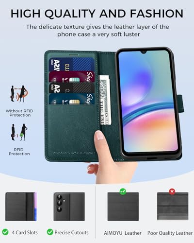 AIMOYU for Samsung Galaxy A05S Case, Flip Wallet Leather Phone Case with [4 Card Slots] [Kickstand] [RFID Blocking] Magnetic Protective Shockproof Cover for Samsung A05S Phone Case - Royal Green - Image 2