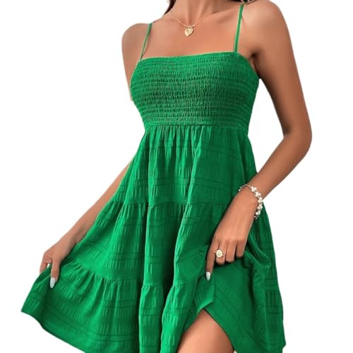 CJKKCDYYDS Wmen's Vest Dress Summer Casual Vacation One line Neckline Thin Strap Solid Color Versatile Texture Dress,Green,S