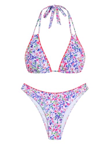 Image of ZAFUL Women Halter Dual Straps Whip Stitch Floral Triangle Bikini Swimsuits