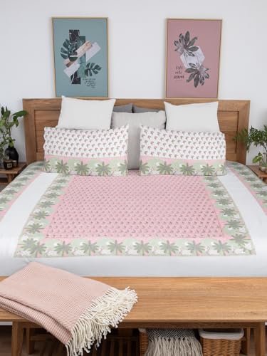 Image of Pichwai Premium Hand Block Printed Bedsheet | Bed Sheet Flatsheet | Pure Cotton | Double Bed King Size 108 inchx108 inch | 300 TC Bedsheets | Includes 2 Pillow Covers | Tree Spread