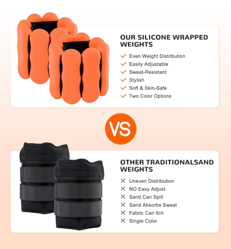 JORICY Wrist Weights,Adjustable Ankle Weights for Women Men Kids Pilates Arm & Leg Weights Set of 2(1LB Each Weight), Silicone Hand Weights Weighted Bracelet for Walking Swimming Yoga Dance Orange