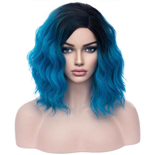 BERON Blue Ombre Wig for Women Girls Black Ombre Blue Short Curly Bob Wavy Wig Dark Roots Color Heat Resistant Synthetic Body Cosplay or Daily Use