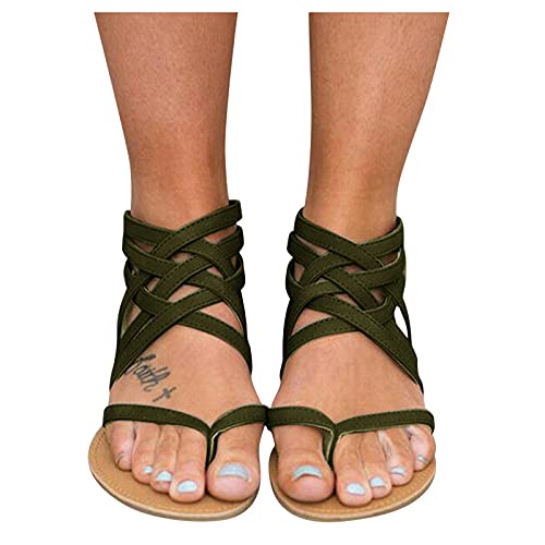 Aniywn Summer Sandals for Women, Clip Toe Flat Sandals Slip On Flip Flops Thongs T-Strap Bohemia Beach Slippers Shoes Army Green
