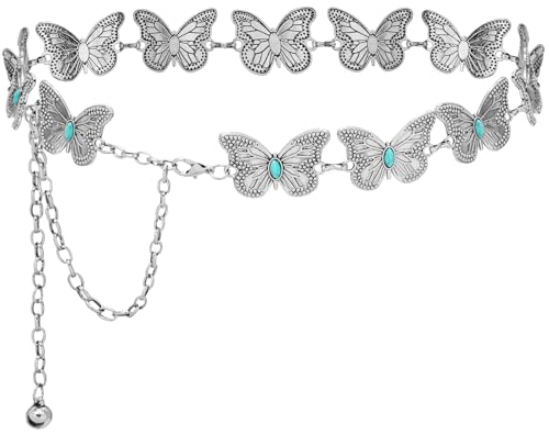 Women Western Chain Belt Adjustable Turquoise Metal Waist Chain Boho Chain Link Belt for Jeans or Dresses