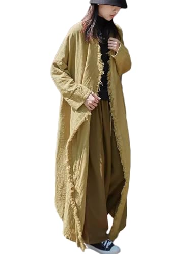 Ystylee Womens Cotton Linen Long Trench Coat Front Distressed Artistic Hippie Long Sleeve Maxi Outwear with Pocket3
