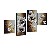 Wieco Art 100% Hand-Painted Wood Framed Abstract Floral Oil Painting on Canvas Warm Day Yellow Flowers Bloom Ready to Hang for Living Room Bedroom Home Decorations 4pcs/Set