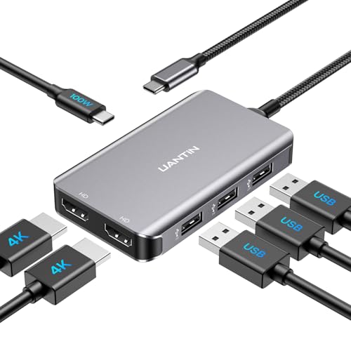 UANTIN USB C to Dual HDMI Adapter 4K@60Hz, 6-in-1 HDMI Splitter Extend Display for Dual Monitors with 100W PD, 3*USB-A, Docking Station Dual Monitor Compatible with Dell XPS, HP, MacBook Pro/Air, etc