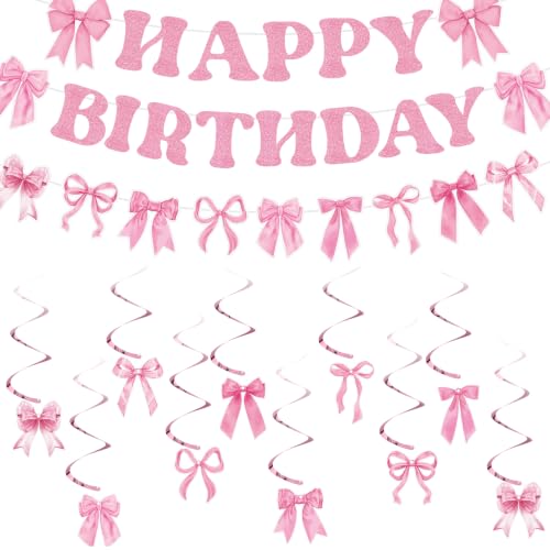 Image of Pink Bow Happy Birthday Banner with Hanging Swirls Decor | Bow Birthday Party Decorations Pink Birthday Party Set for Walls Ceilings Dessert Tables and Covered Patios